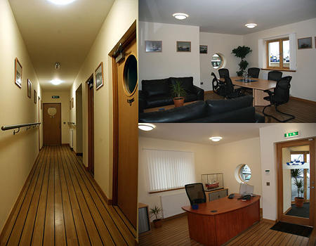 Ground floor, corridor, meeting room, front office.
